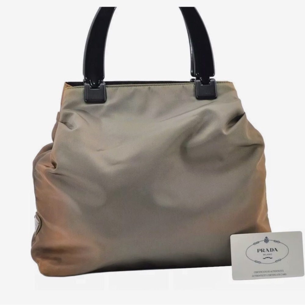 Beautiful PRADA Vintage Nylon Tessuto Plex Fumo Tote Bag Khaki Green EUC!!
